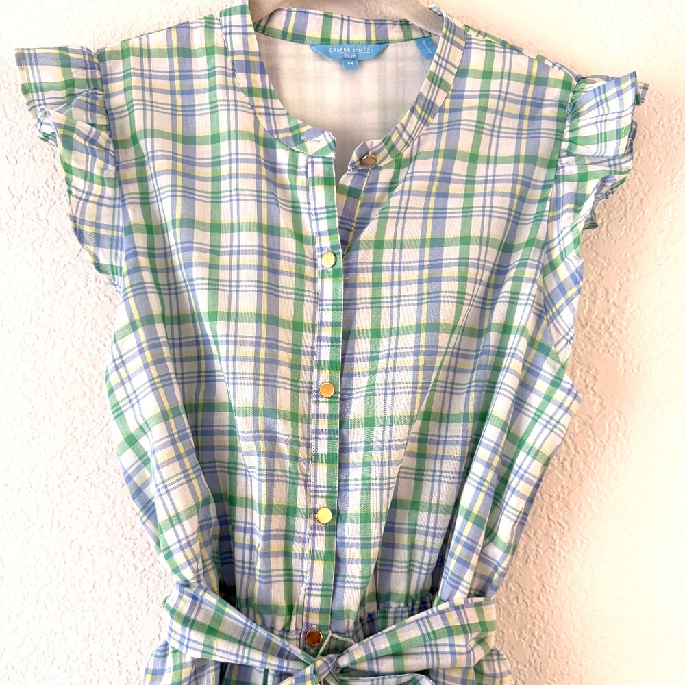 Draper James Blue and Green Plaid Tie-Waist Mini Dress
